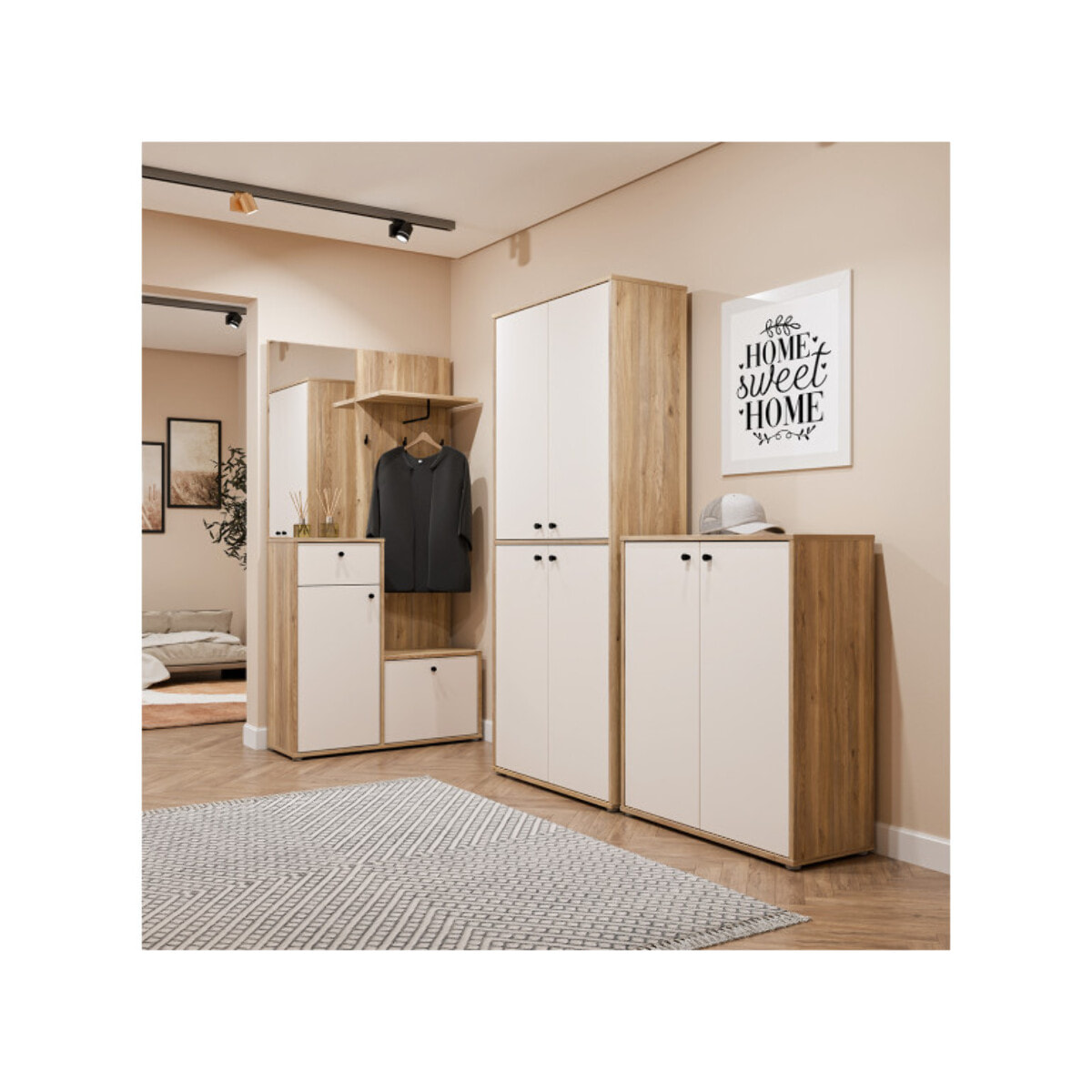 Meuble d'Entrée Décor Bois de Chêne et Sable Miroir - KENDJI