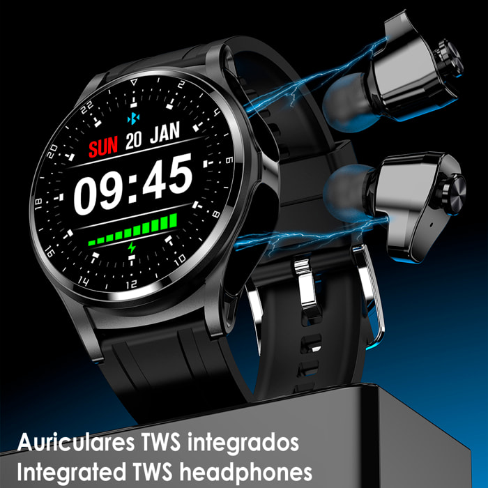 Smartwatch GT66 multideporte, mediciones de tensión y O2 en sangre, con auriculares TWS 5.1 integrados.