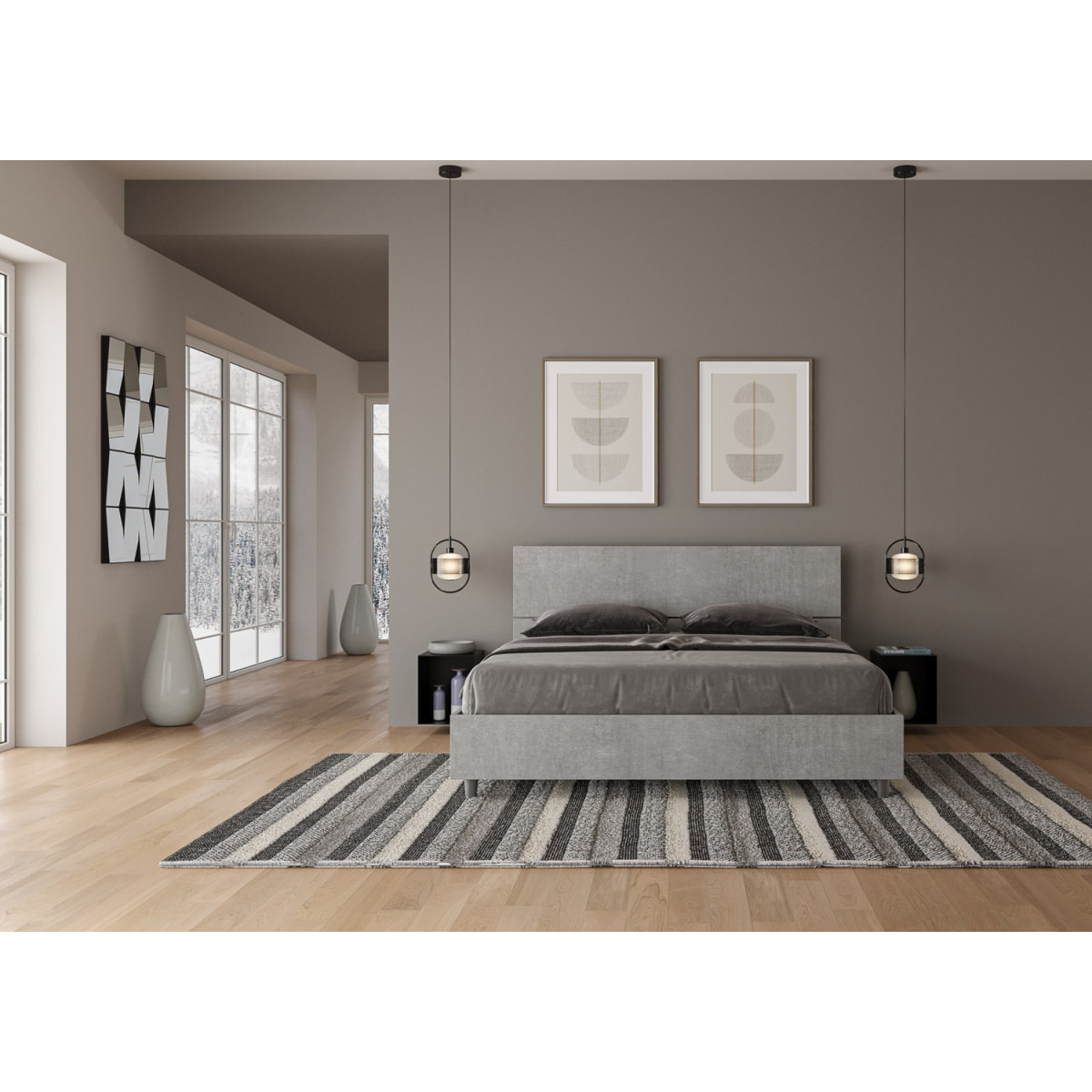 Lit coffre 160x200 tête de lit inclinée gris béton Demas