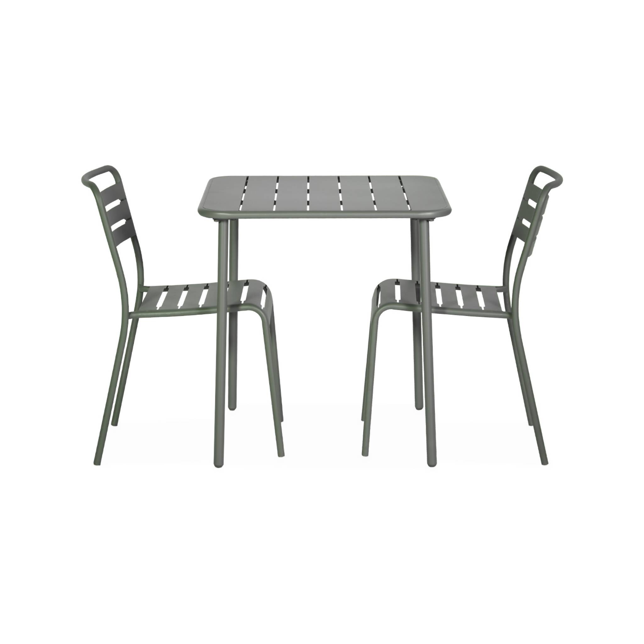 Table de jardin métal + 2 assises kaki Amélia. lattes et bords arrondis. traitement antirouille