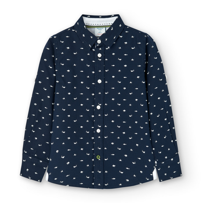 Camisa estampada niÃ±o, popelÃ­n, cuello camisero, manga larga