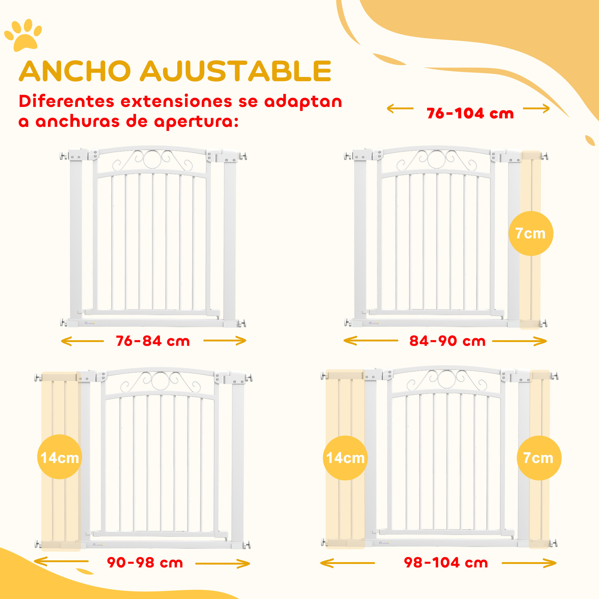 Barrera para Perros Puerta para Perros con Ancho Ajustable 76-104 cm Barrera de Seguridad para Perros con 2 Extensiones y Doble Bloqueo para Escaleras y Puertas Blanco