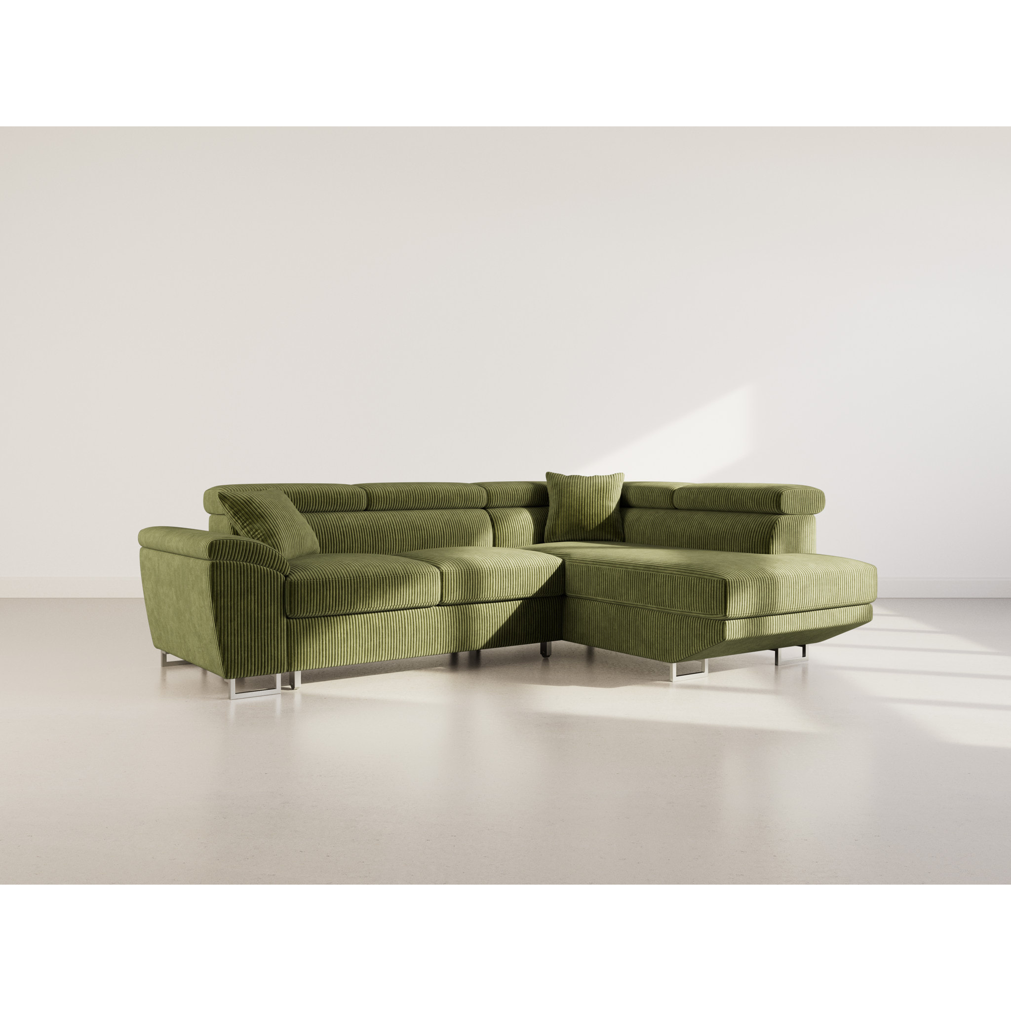 Baoji - Canapé d'angle droit 5 places convertible avec têtières et coffre en velours côtelé - Vert