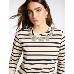 Elena Mirò - T-shirt rigata con ricamo floreale - Beige