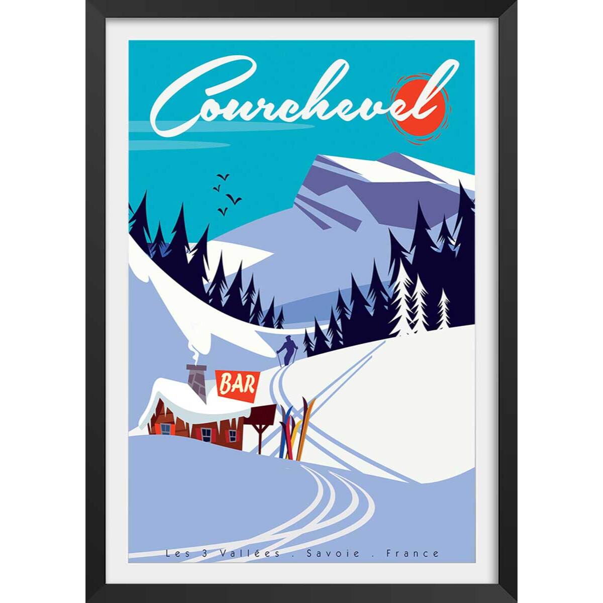 Poster ski courchevel Affiche + cadre en bois - Noir
