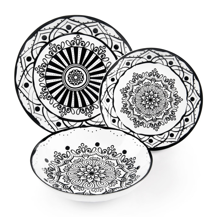 Service de vaisselle 18 pièces Excelsa – Boheme Noir, Porcelaine Multicolore