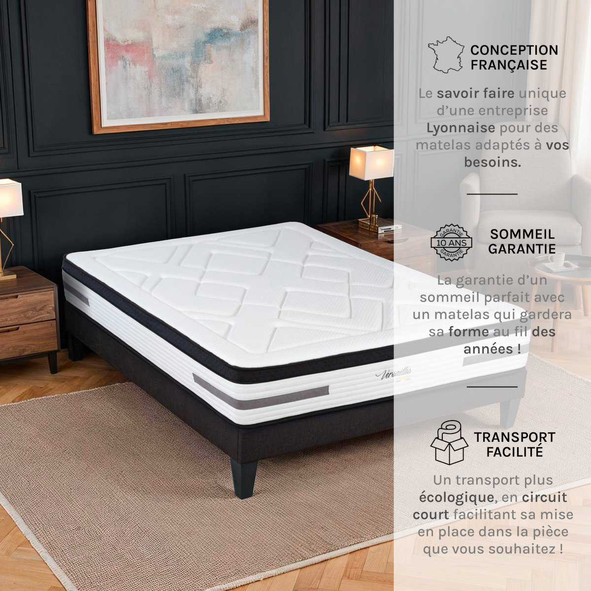 Ensemble Matelas Hybride Bellevue & Sommier KIT15, mémoire de forme et ressorts ensachés, technologie Tri-lattes, soutien ferme