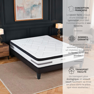 Ensemble Matelas Hybride Bellevue & Sommier KIT15, mémoire de forme et ressorts ensachés, technologie Tri-lattes, soutien ferme