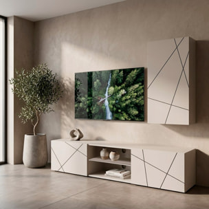Parete Attrezzata Mobile Porta TV Colonna Ante Push Open Vani Aperti Soggiorno Design Geometrico Moderno 180 x 45 x 180 Cm Cashmere Con Effetto Righe