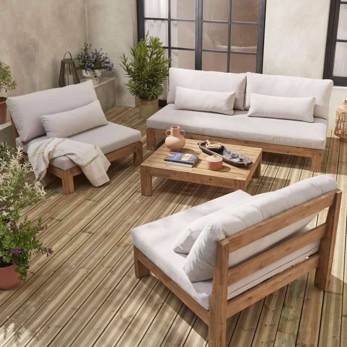 Salon de jardin XXL en bois brossé. effet blanchi – BAHIA – coussins beiges. ultra confortable. 5 à 7 places