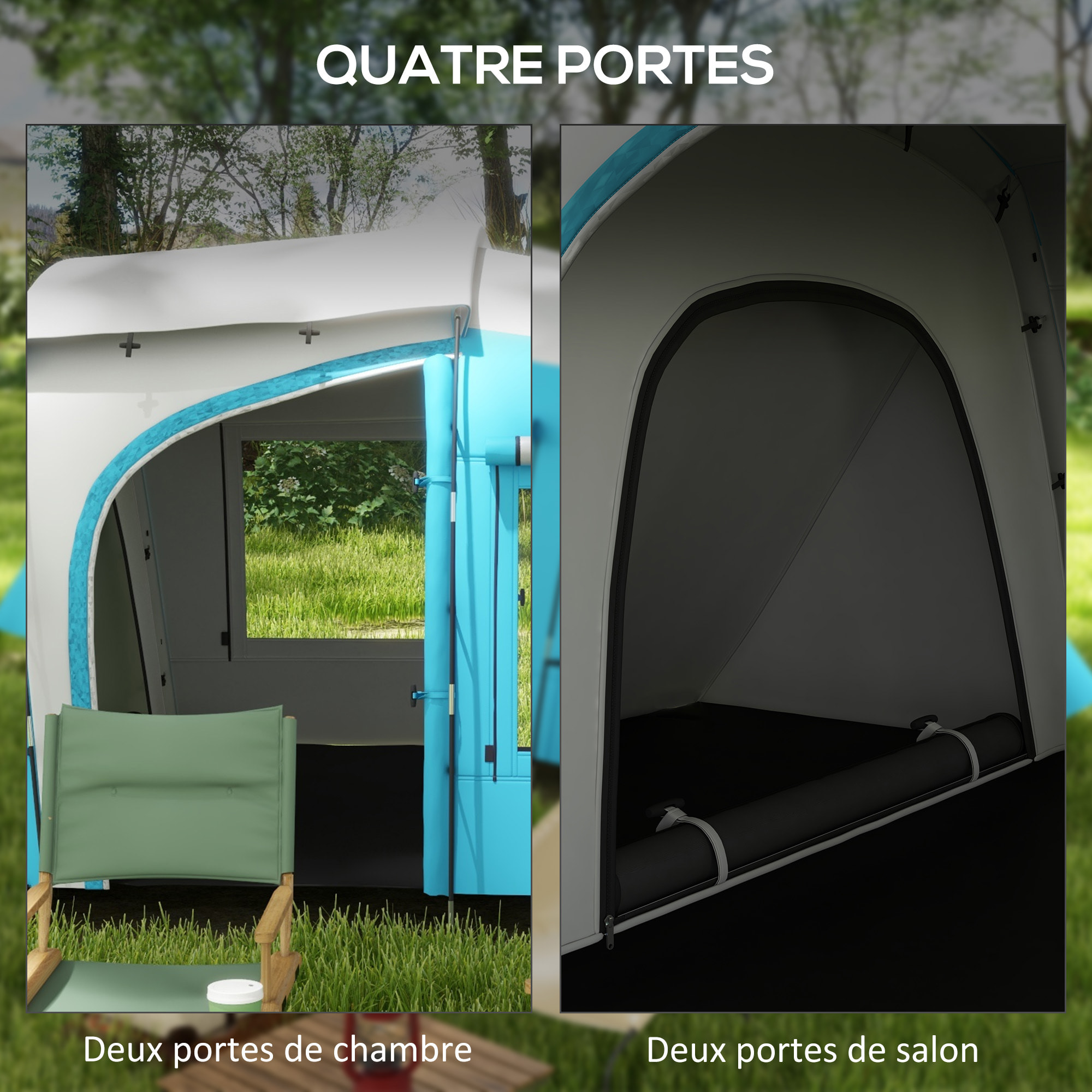 Tente de camping 3-4 pers. 2 chambres 4 portes 4 fenêtres sac bleu