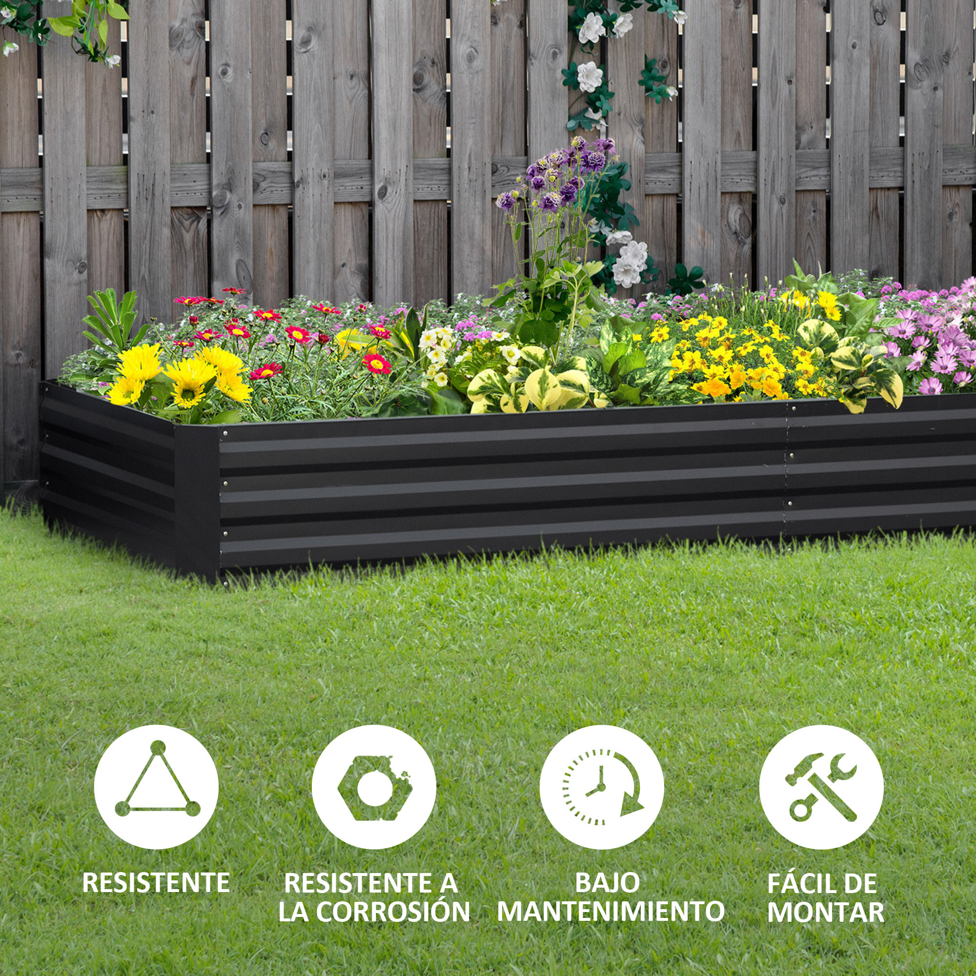 Jardinera Elevada de Acero Galvanizado Huerto Urbano para Cultivar Plantas Flores Hierba Macetero Grande Exterior Rectangular con Fondo Abierto 241x90,5x30 cm Gris