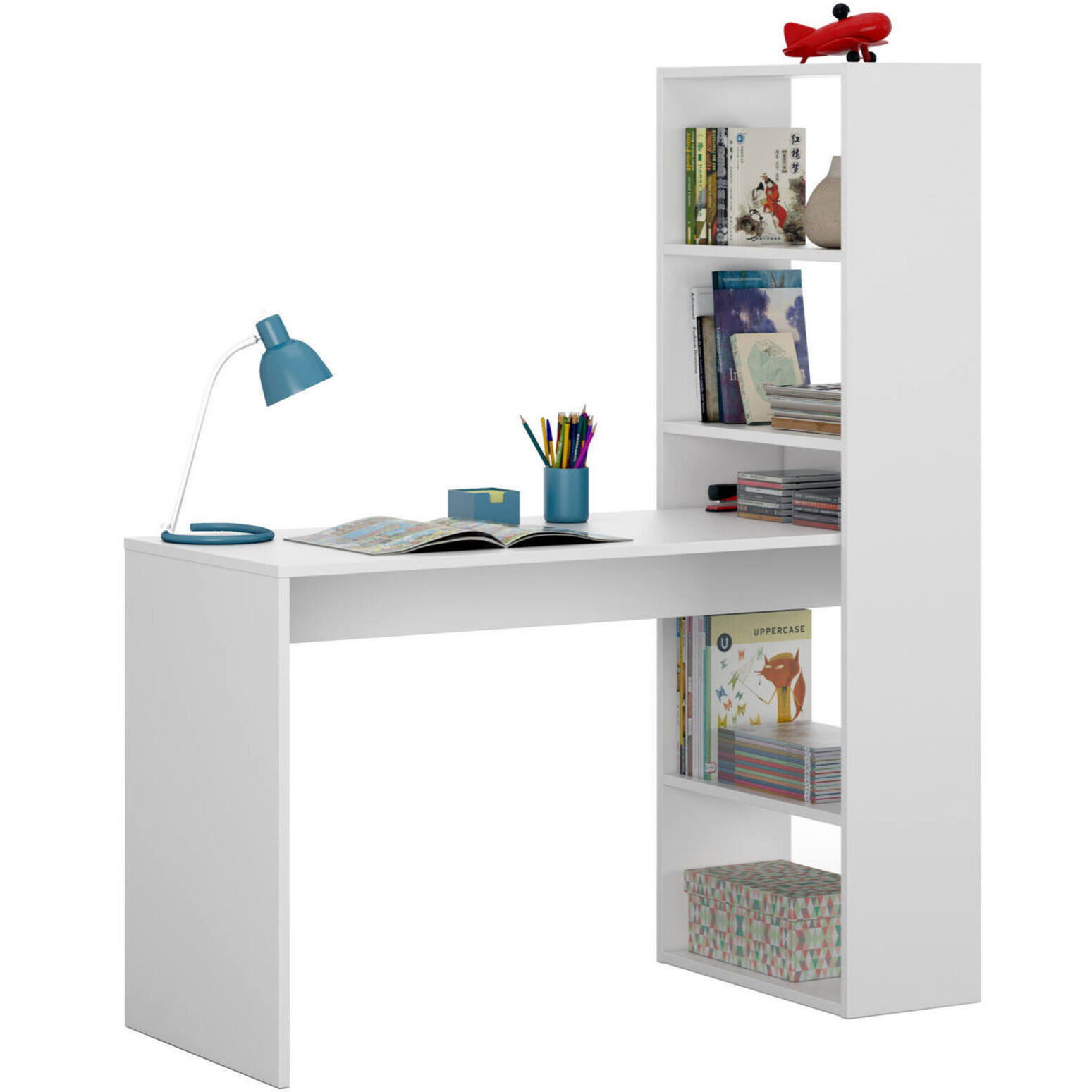 Scrivania Ali, Scrittoio multifunzione reversibile con libreria 5 ripiani, Tavolo da studio o ufficio porta PC portalibri, 120x53h144 cm, Bianco