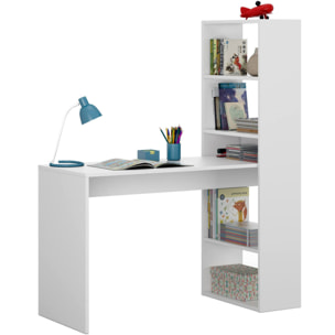 Scrivania Ali, Scrittoio multifunzione reversibile con libreria 5 ripiani, Tavolo da studio o ufficio porta PC portalibri, 120x53h144 cm, Bianco