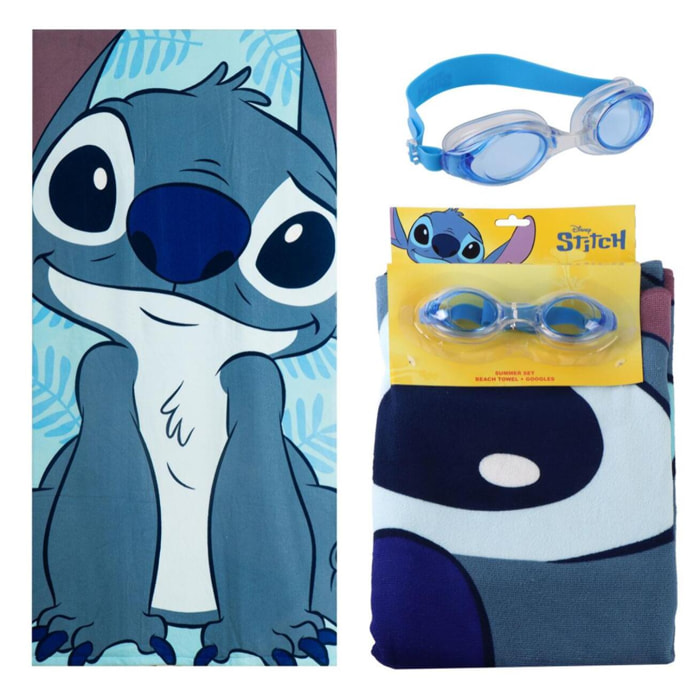 Set de Toalla y Gafas de Natación de Stitch - 24x34x6 cm - Color:Azul