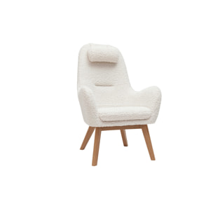 Fauteuil scandinave en tissu effet peau de mouton blanc et bois clair MANIA