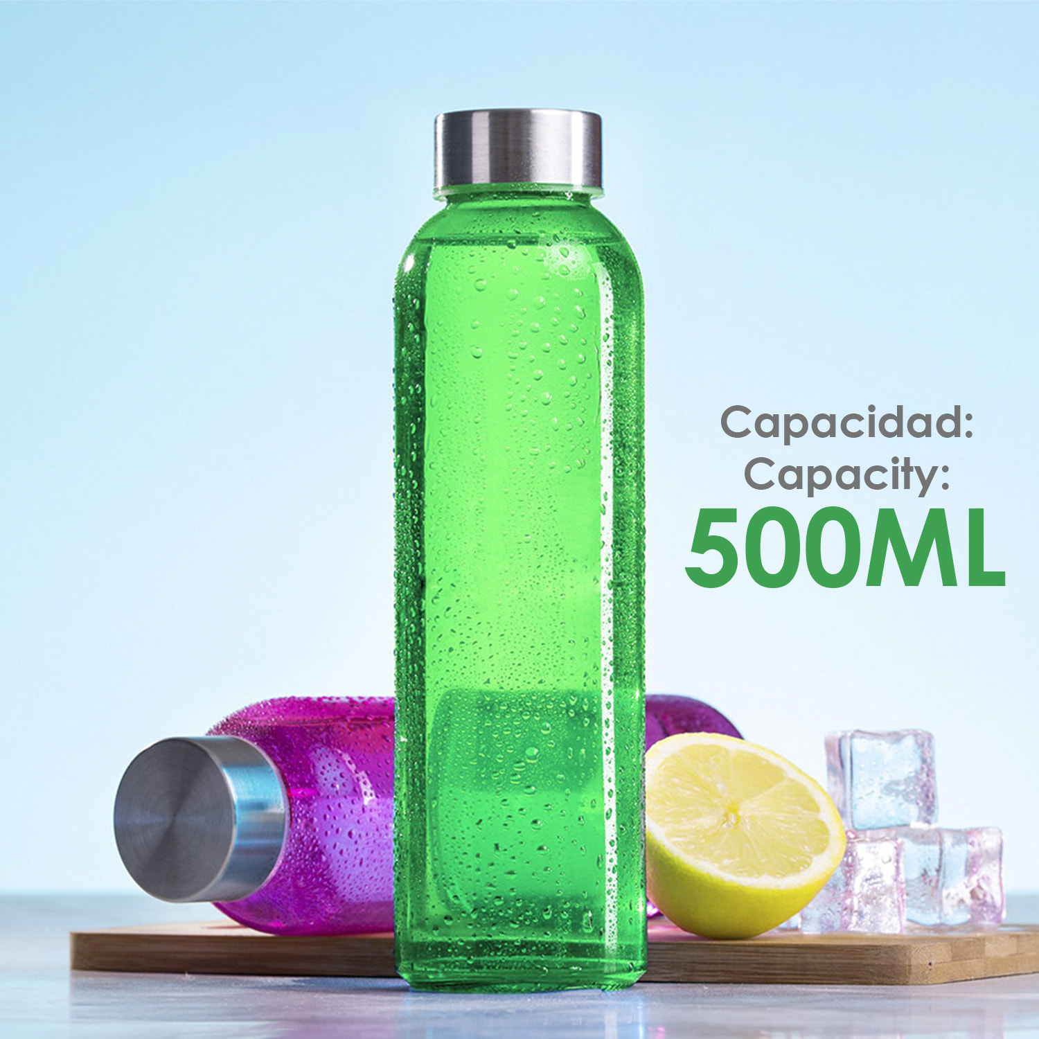 Terkol bottiglia in vetro da 500ml, corpo trasparente in materiale senza BPA e tappo a vite in acciaio inox.