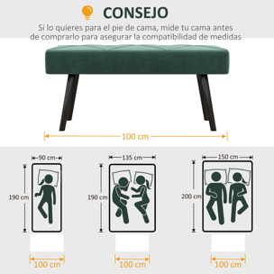 Taburete Pie de Cama Multifuncional Banco Pie de Cama Moderno Banco Dormitorio con Pies de Acero y Asiento Acolchado Carga 120 kg para Entrada Pasillo 100x36x45 cm Verde