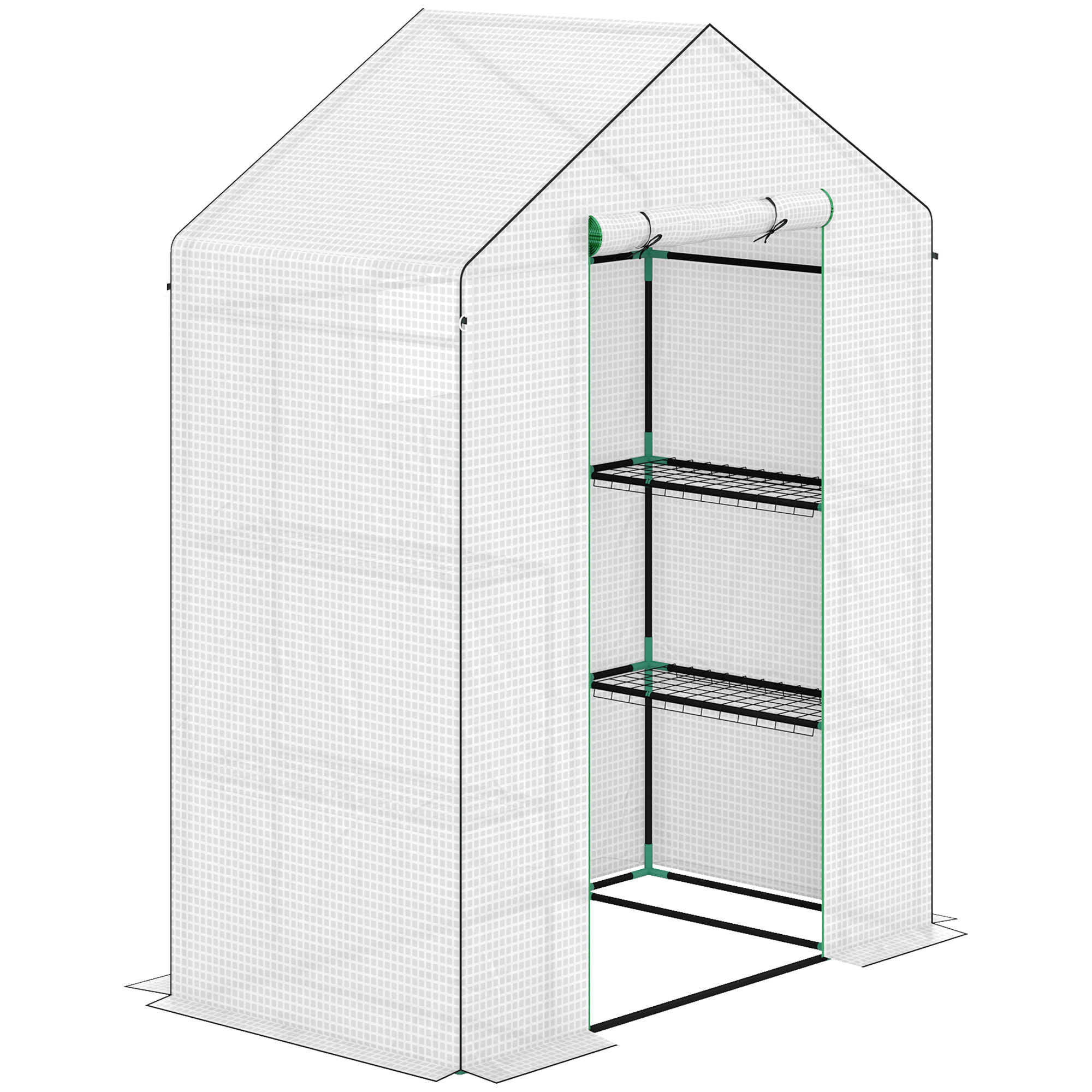 Serre de jardin 4 tablettes dim. 1,43L x 0,74l x 1,9H m porte déroulante fenêtre acier PE haute densité blanc