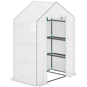 Serre de jardin 4 tablettes dim. 1,43L x 0,74l x 1,9H m porte déroulante fenêtre acier PE haute densité blanc