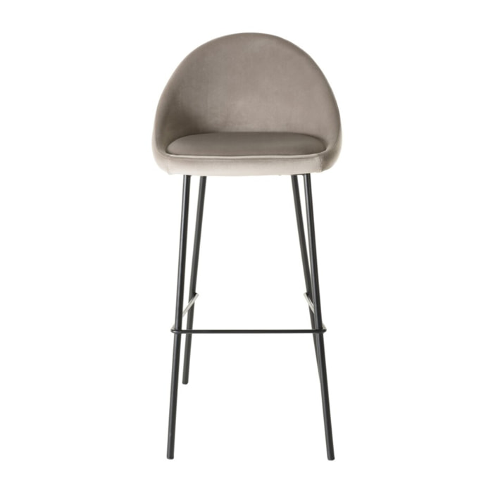 TOM - Lot de 2 tabourets de bar velours chamois beige pieds métal noir hauteur d'assise 80cm
