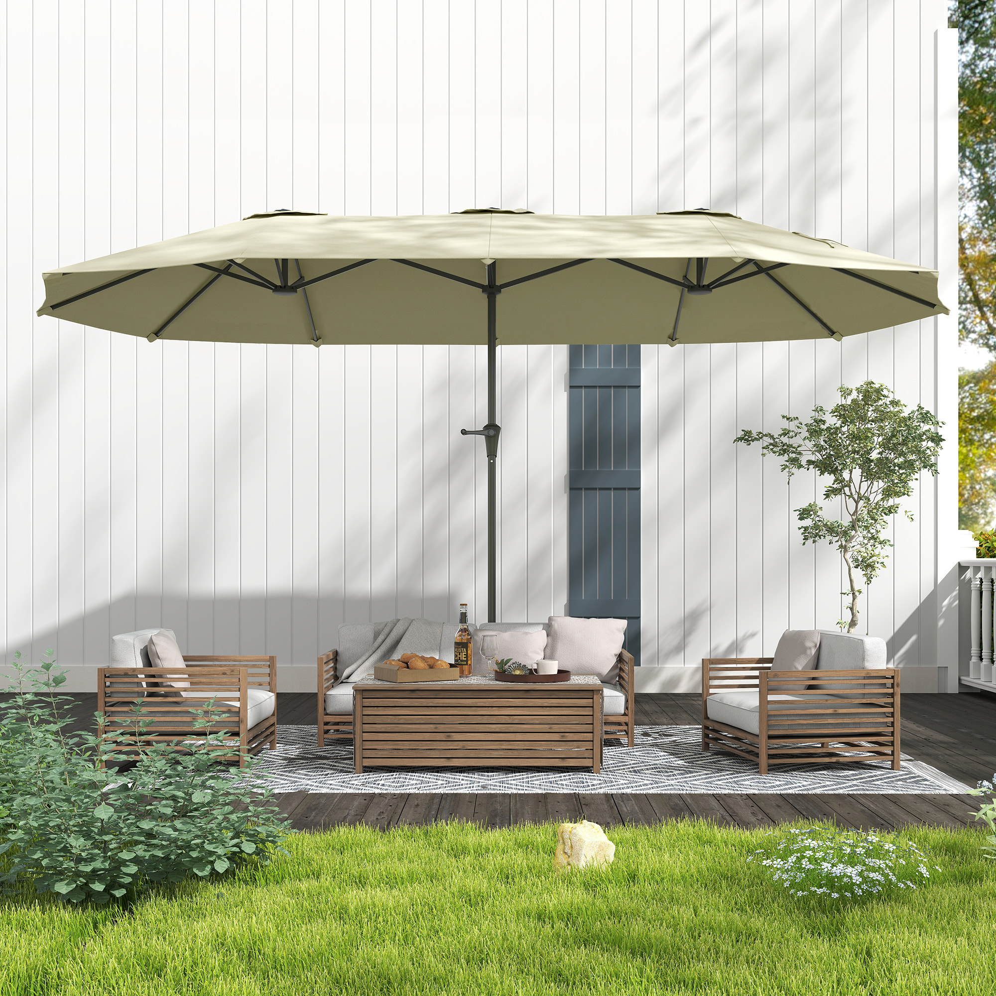 Sombrilla Doble 4x2,2 m Sombrilla Terraza Exterior con Manivela Manual Impermeable y Protección UV30+ Parasol Grande para Terraza Playa Piscina Crema