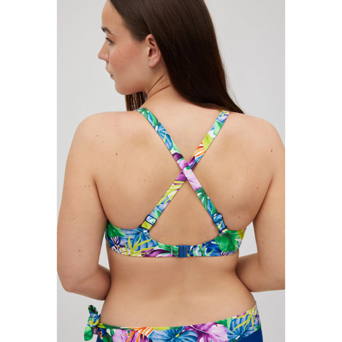 Top bikini con stampa tropicale, coppa D