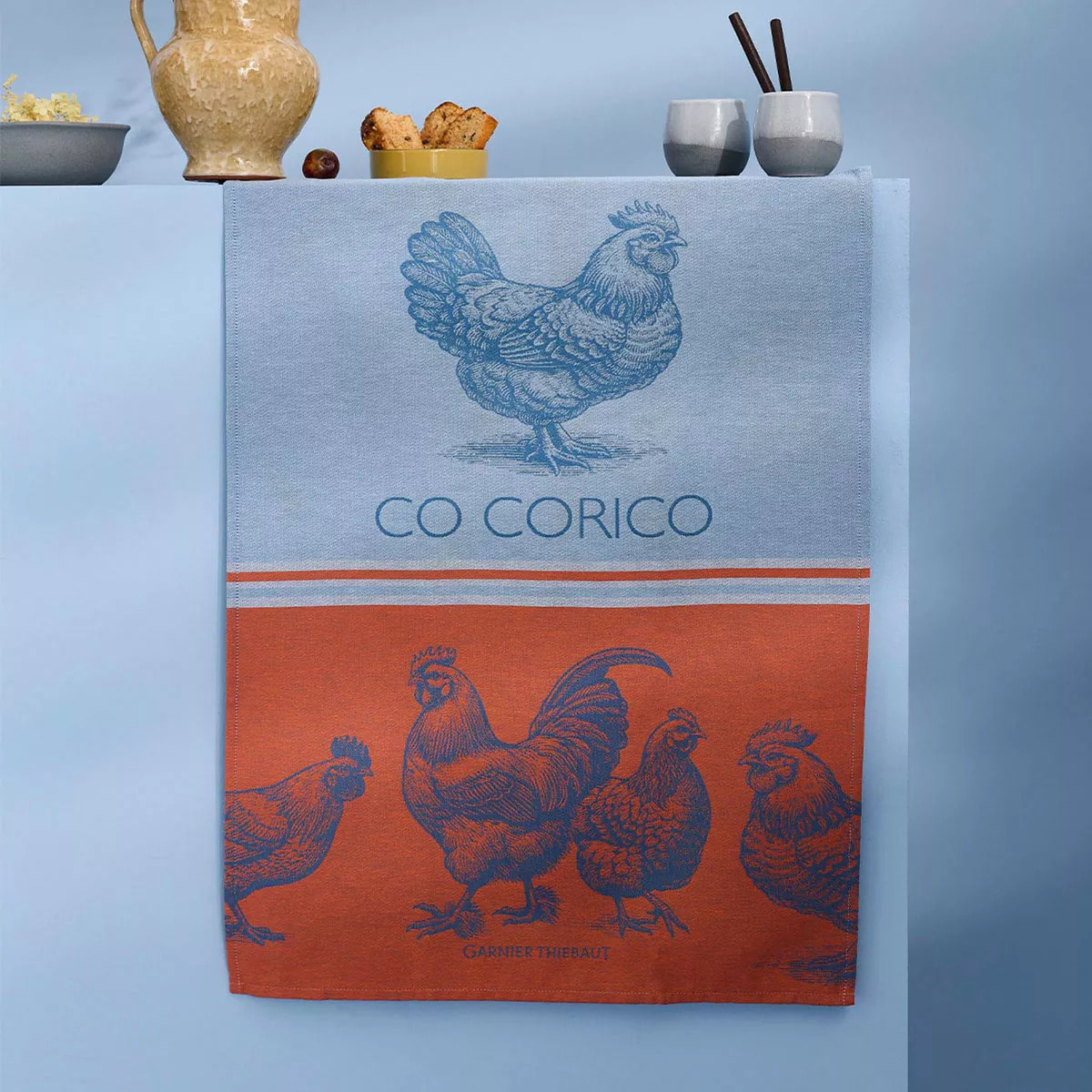 Torchon pur coton motif jacquard bleu orange Co corico tango