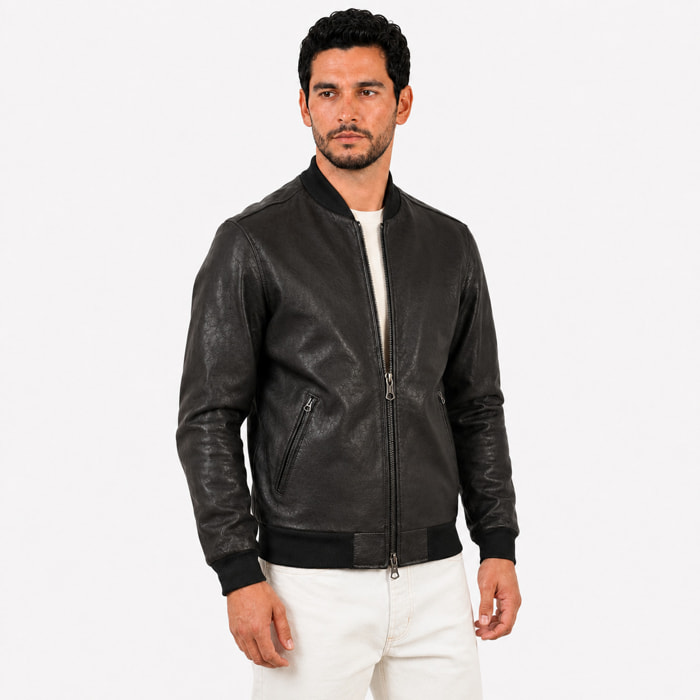 Giubbino in vera pelle di vitello rifinizione vegetale Nero -Slim Fit