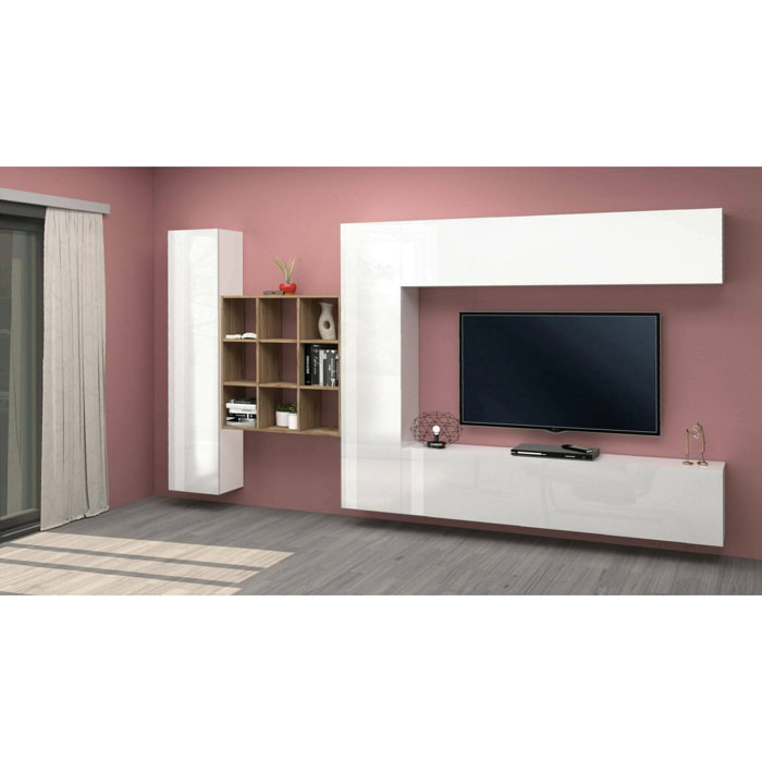 Parete attrezzata Gualtiero, Set salotto porta TV a 4 ante, Mobile soggiorno multiuso, 100% Made in Italy, cm 350x30h180, Bianco lucido