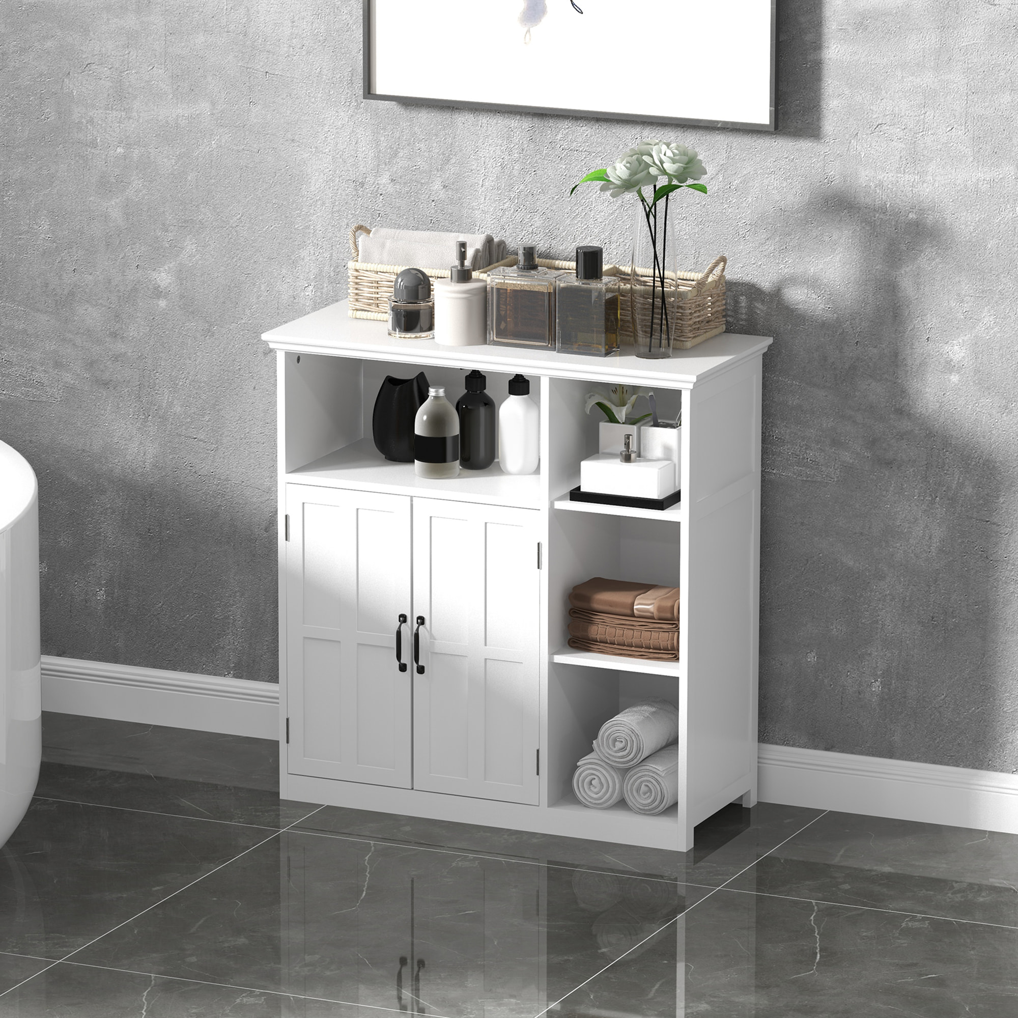 Meuble salle de bain - meuble bas 2 portes étagère tiroir 3 niches - 80x34x81cm - blanc noir