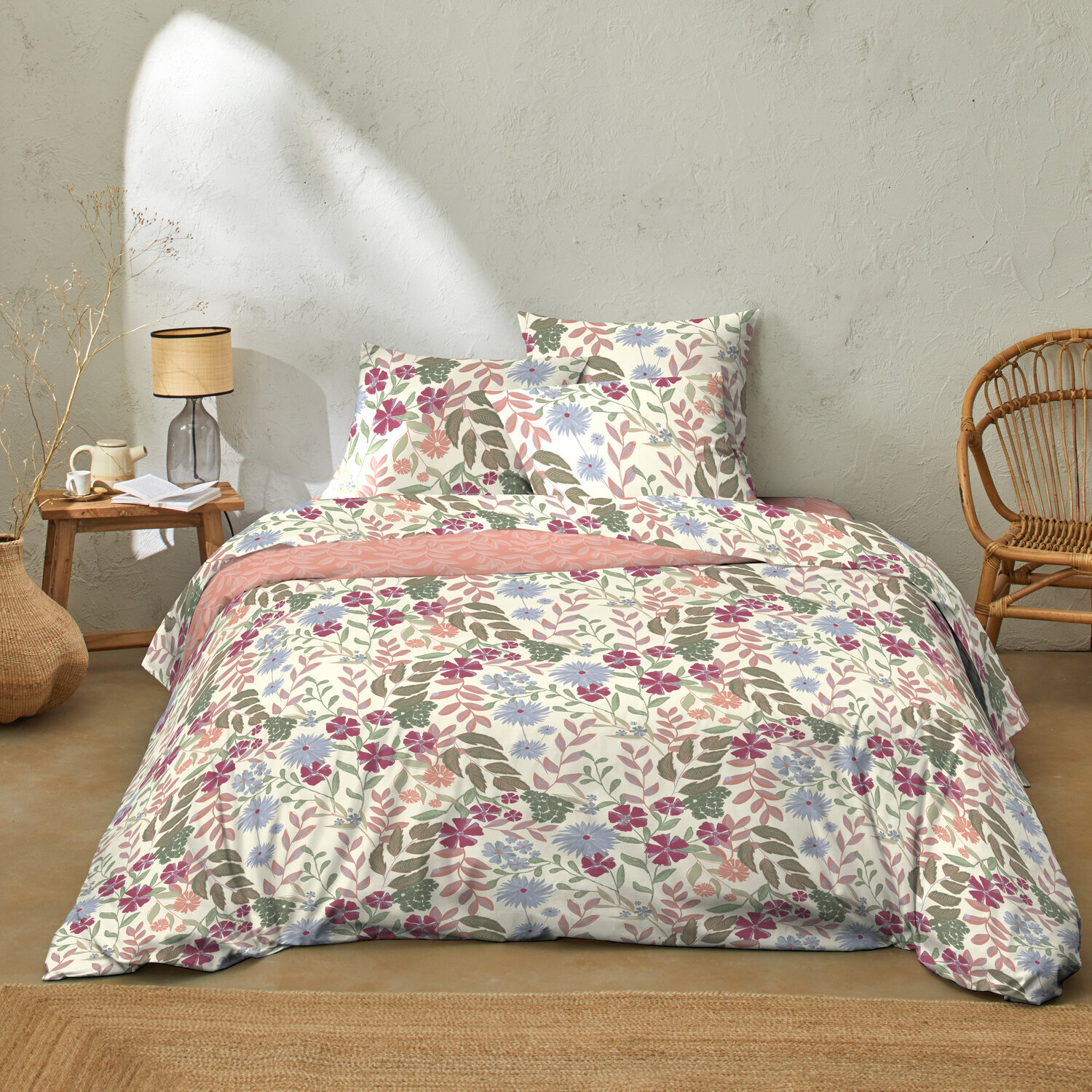 Parure housse de couette 100% coton motif floral rose - Dalhia