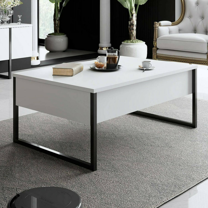 Tavolino da salotto Lavinia, Tavolo basso da caffè, Portariviste per divano, Ripiano da soggiorno, 90x60h40 cm, Bianco e Nero