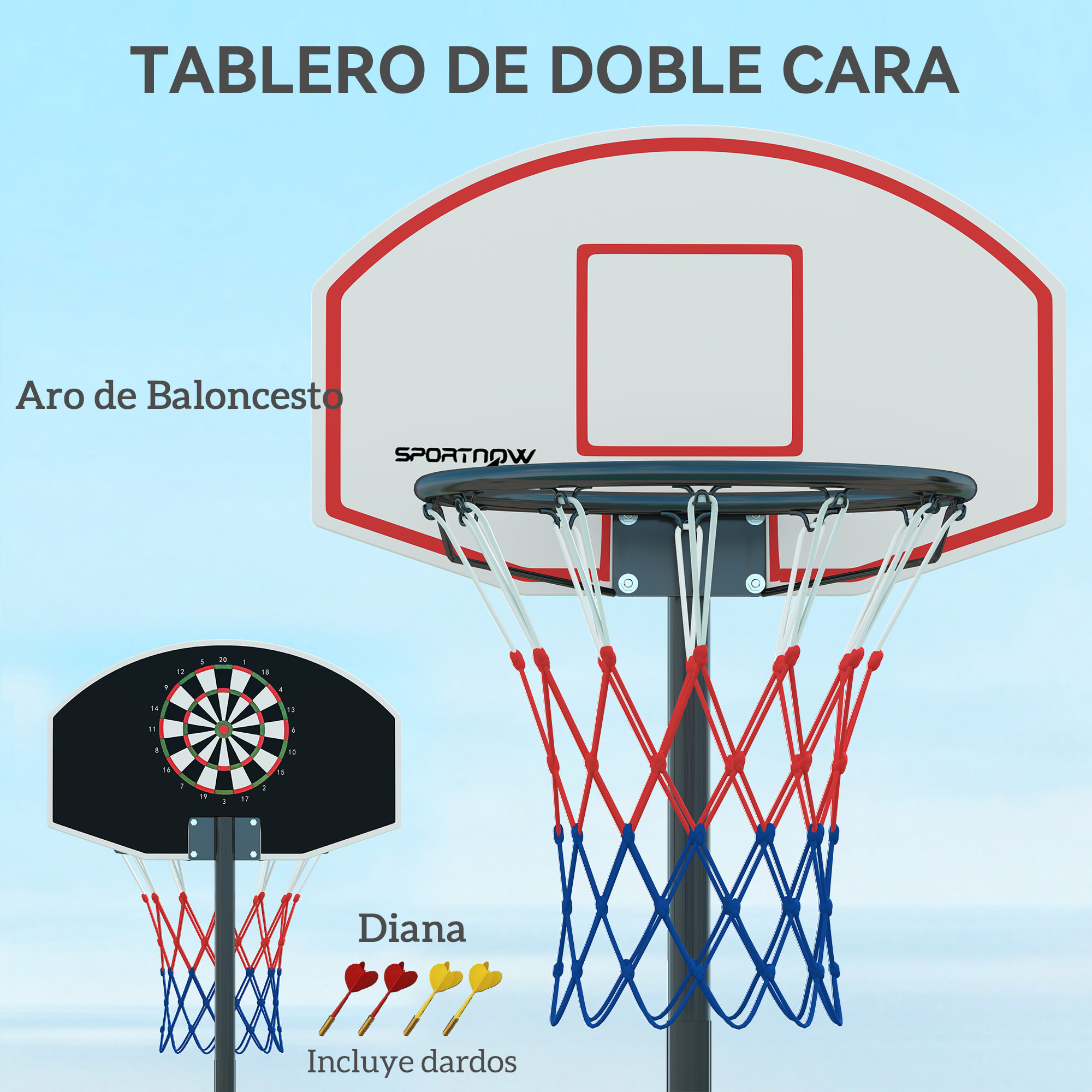 Canasta de Baloncesto para Exterior con Tablero de Dardos Aro de Baloncesto Portátil con Altura Ajustable 210-247 cm Ruedas Base Rellenable para Adolescentes y Adulto Negro