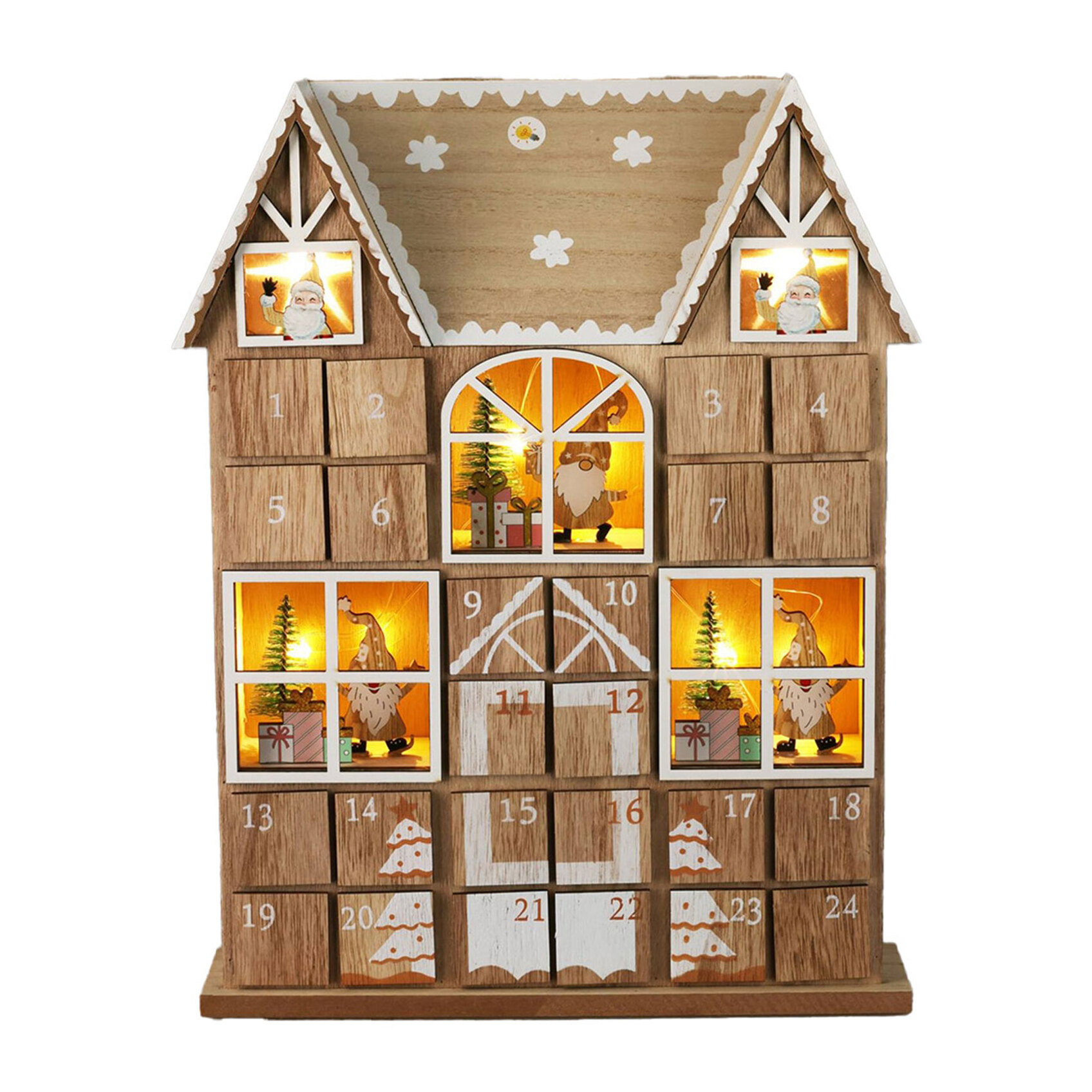 calendario de adviento led de madera contrachapada con juego de cajas y luces