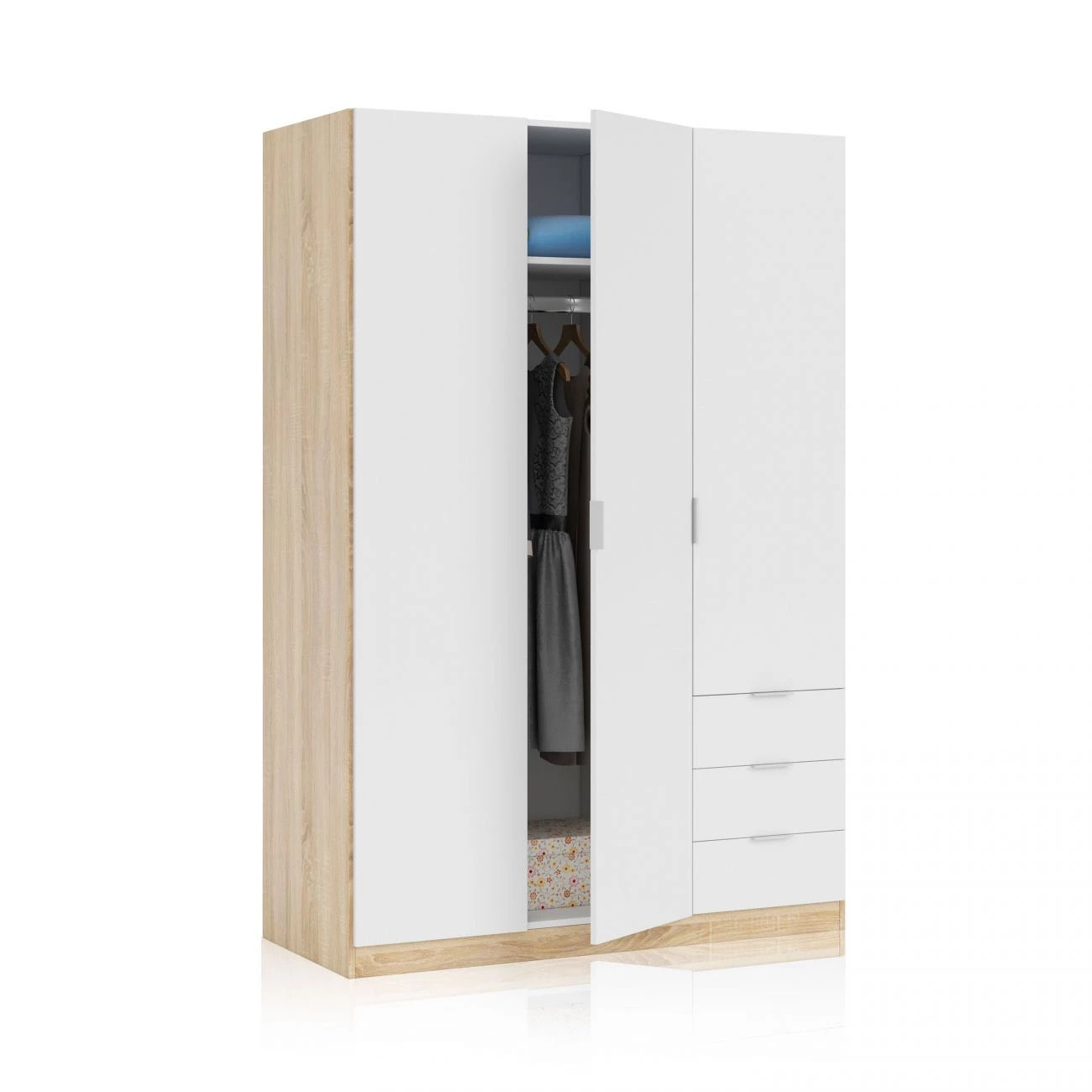 Armario Low Cost 3 puertas 3 cajones Blanco Artik (Blanco Mate) - Roble Canadian