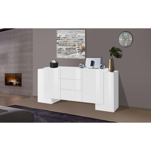 Credenza moderna a 2 ante e 3 cassetti, Made in Italy, Madia da cucina, Buffet di design da soggiorno, cm 210x45h85, colore Bianco lucido