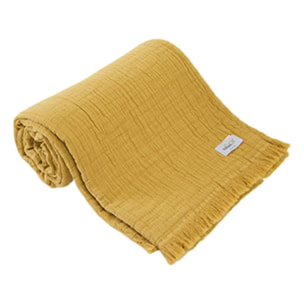 Plaid à franges "Brehat" Gaze de Coton stonewashed Toison d'or - Couleur: Brehat Miel