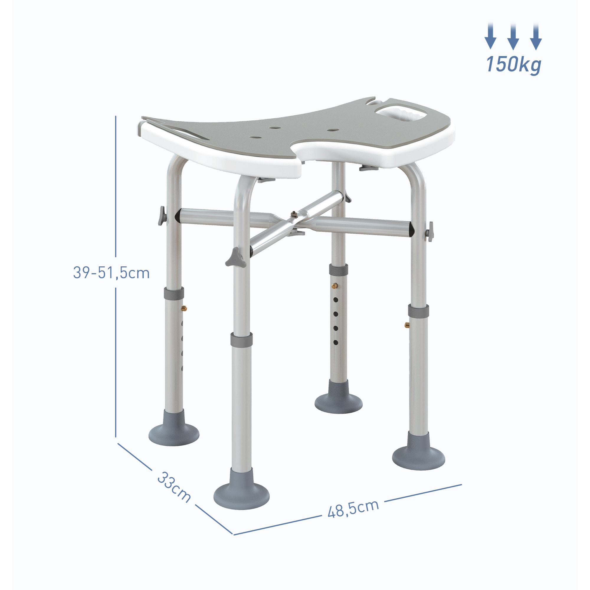 Tabouret de douche - siège de douche avec barre d'appui ventouse - hauteur réglable - alu HDPE gris blanc