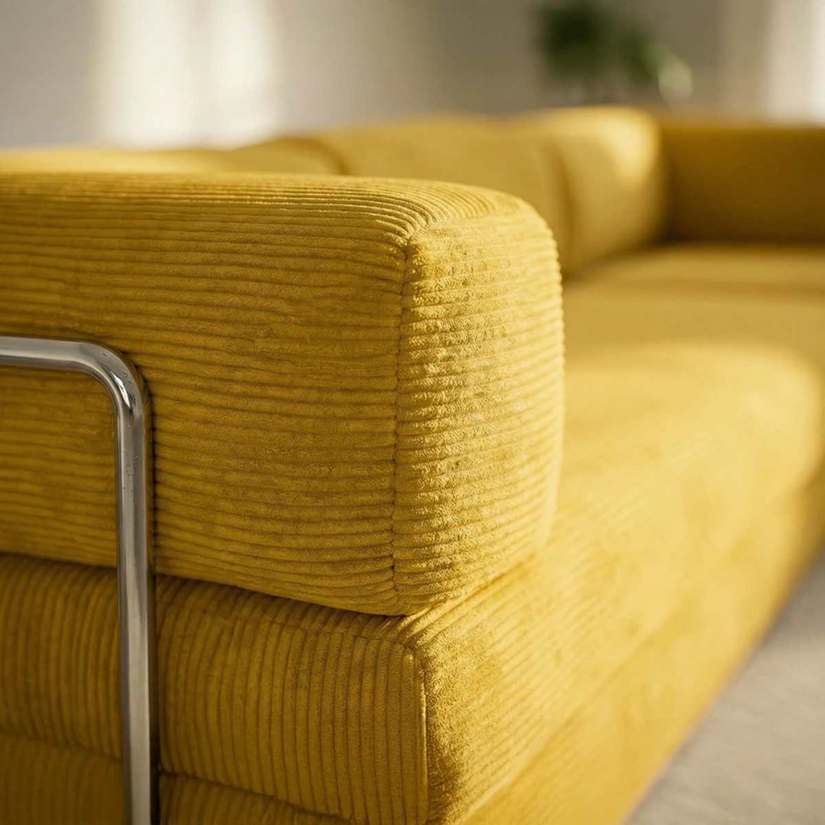 TRENDY - Canapé compressé 5 places angle modulable en velours côtelé jaune