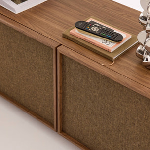 Meuble TV décor bois et tissu 3 portes 140cm KUBA