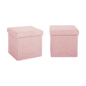 Lot de 2 tabourets de rangement roses en bouclettes avec coffre pour enfant pliable