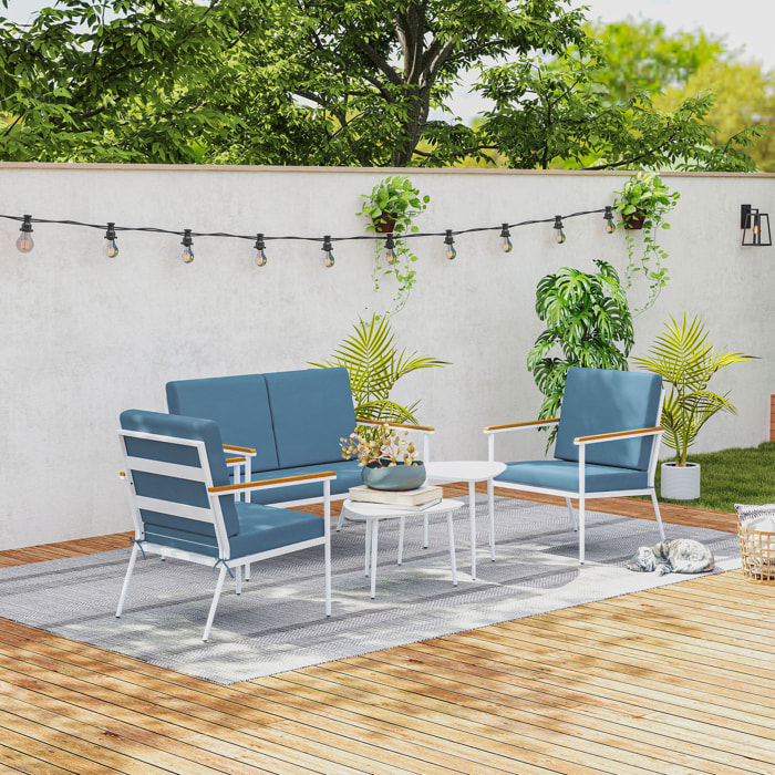 Salon de jardin 4 personnes 5 pièces 2 tables basses gigognes acier blanc accoudoirs effet bois coussins bleu