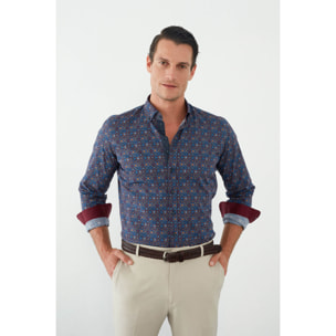 Camicia Uomo 1 Bottoni Button Down Slim Popeline Stampato Blu e Rosso