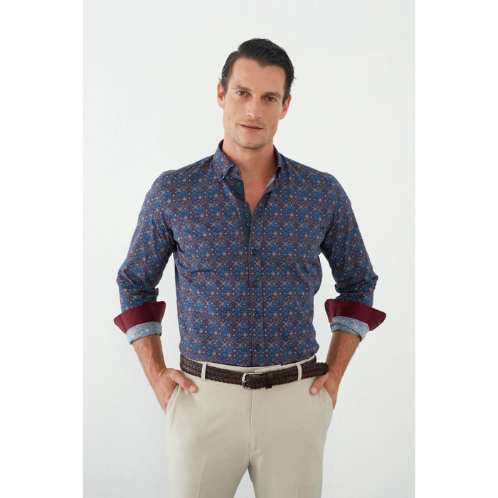 Camicia Uomo 1 Bottoni Button Down Slim Popeline Stampato Blu e Rosso