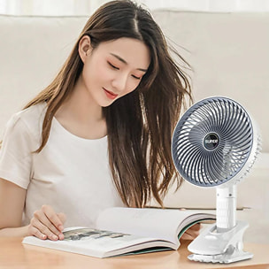 Ventilatore portatile da 5W, con batteria ricaricabile, rotazione a 360° e clip di presa.