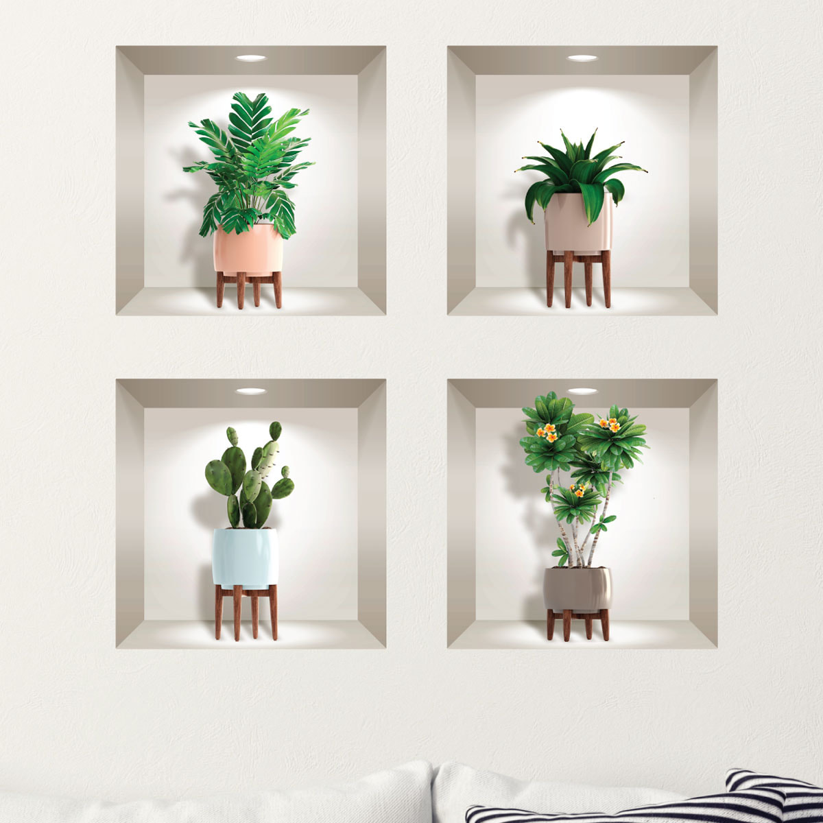 Stickers muraux 3D | Sticker Mural Autocollant effet 3D plantes et vases scandinaves - Stickers adhésifs 3D Chambre Salon Trompe l'oeil