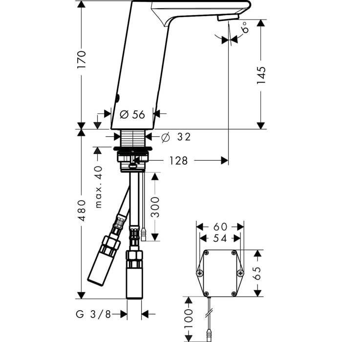 Mitigeur de lavabo électronique avec manette de réglage de température sur batterie chromé Metris S