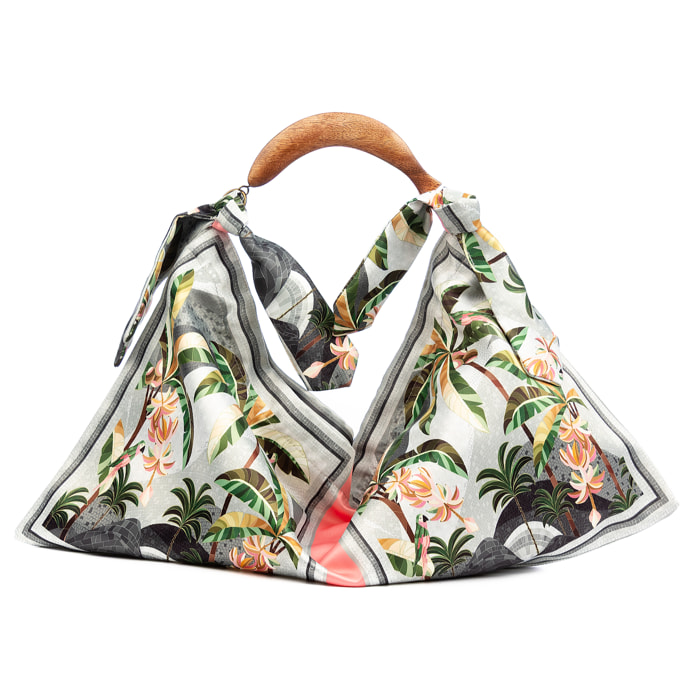 Bereguardo Bolso de hombro Mujer. Fabricado en tejido suave estampado con tintes naturales con asa de madera.