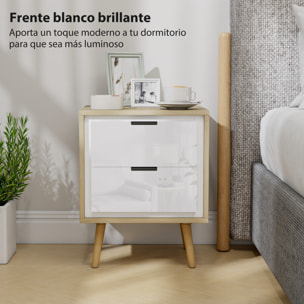 Juego de 2 Mesitas de Noche Modernas, Mesillas de Noche con 2 Cajones con Deslizamiento Silencioso, Patas de Madera, para Dormitorio, Salón, 40x35x50 cm, Blanco Brillo y Roble